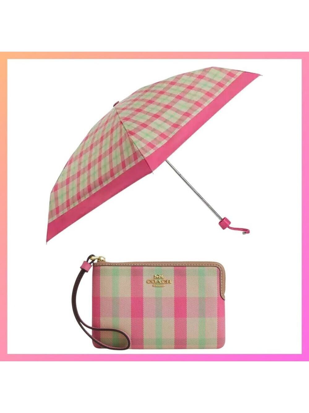 COACH Wristlet and UV Umbrella Set Plaid Gold and Pink Multi NEW